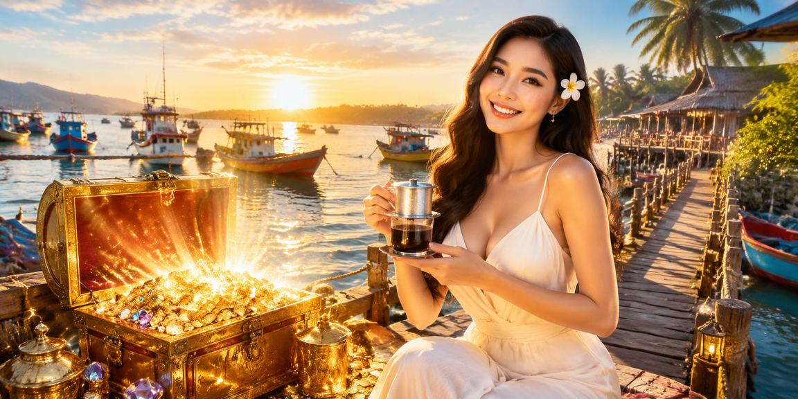 Người dùng Mũi Né xem kết quả cá cược trong khi uống cà phê tại bãi biển